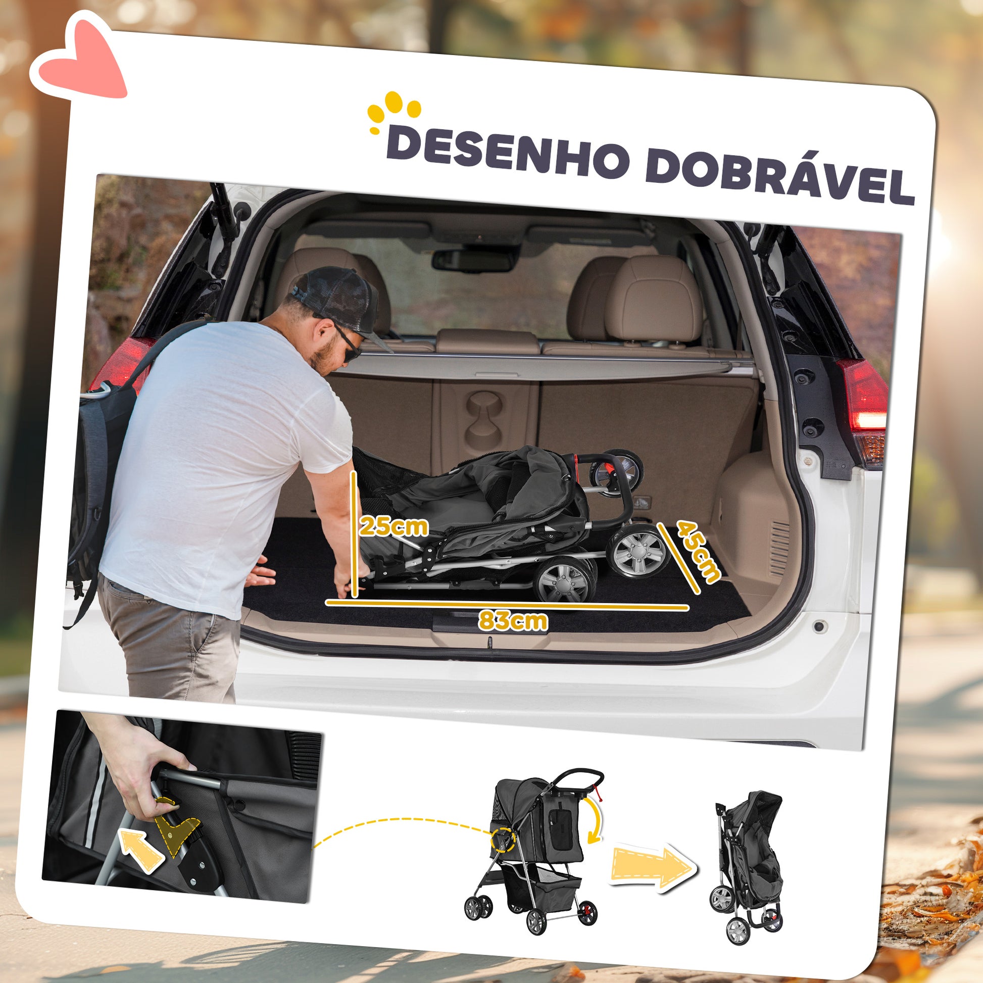 PawHut Carrinho de Passeio para Animais de Estimação Carrinho para Cães e Gatos Dobrável com Capô Ajustável Cesta de Armazenamento Suporte para Copos e Travão 75x45x97 cm Cinza
