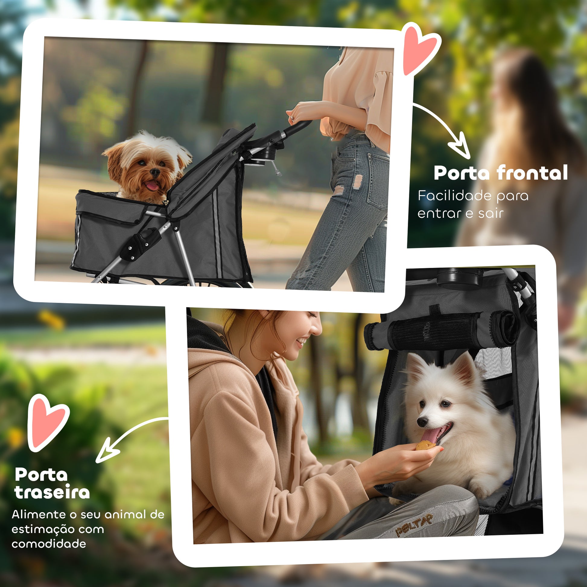 PawHut Carrinho de Passeio para Animais de Estimação Carrinho para Cães e Gatos Dobrável com Capô Ajustável Cesta de Armazenamento Suporte para Copos e Travão 75x45x97 cm Cinza