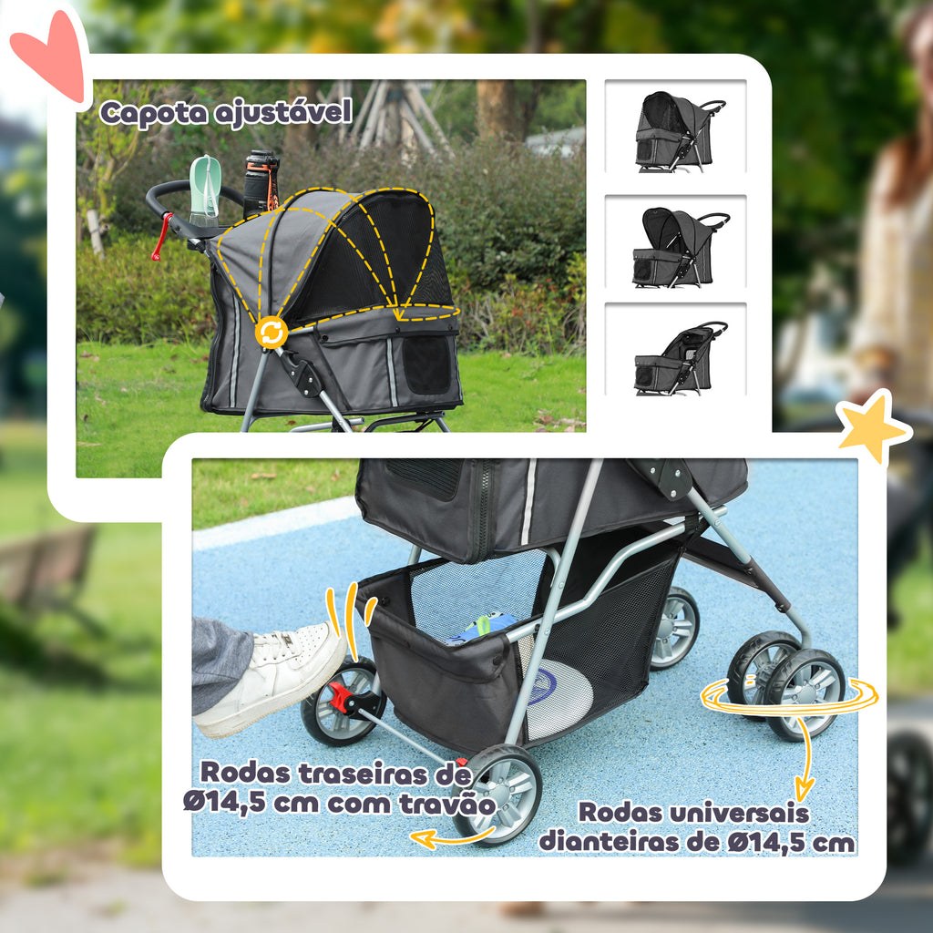 PawHut Carrinho de Passeio para Animais de Estimação Carrinho para Cães e Gatos Dobrável com Capô Ajustável Cesta de Armazenamento Suporte para Copos e Travão 75x45x97 cm Cinza