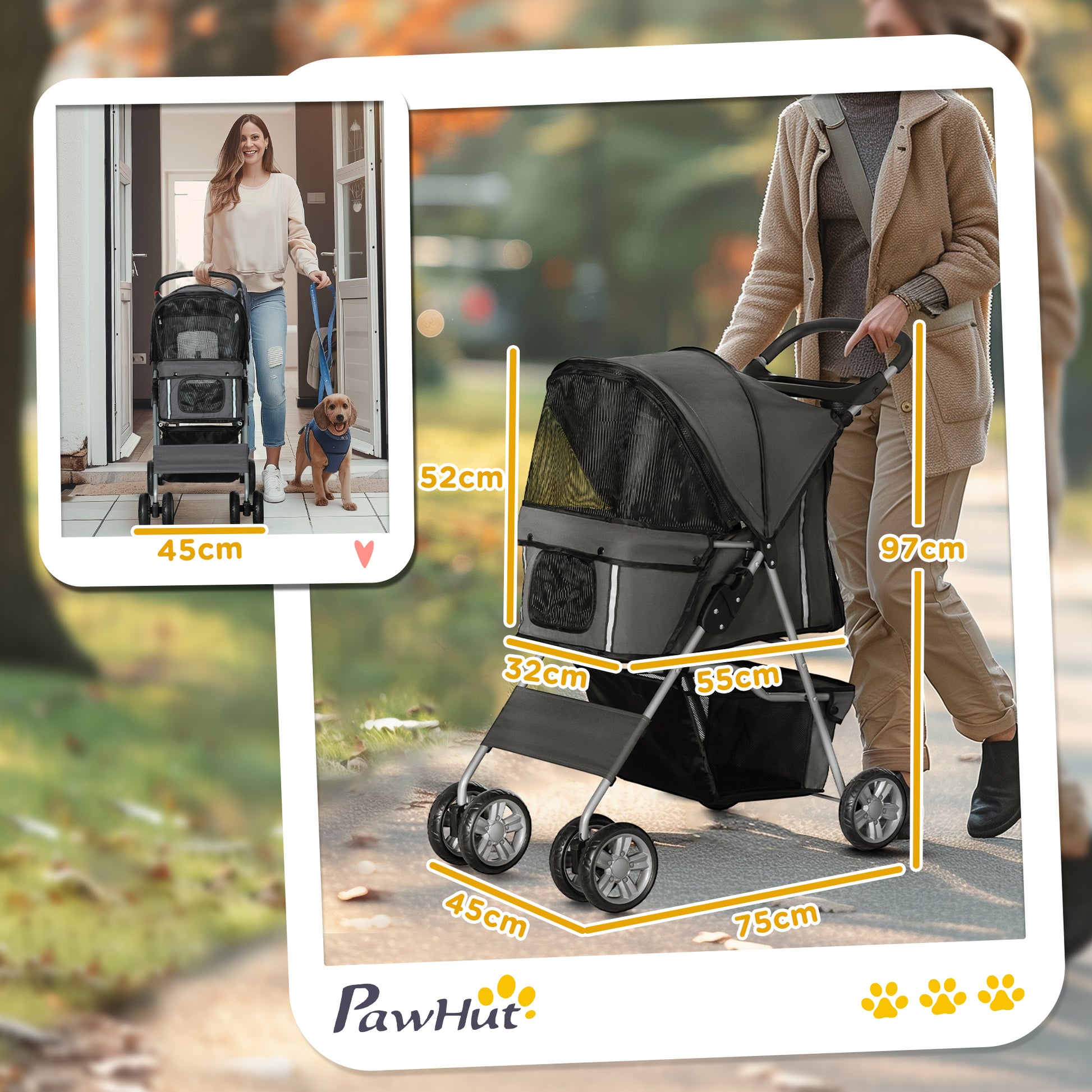 PawHut Carrinho de Passeio para Animais de Estimação Carrinho para Cães e Gatos Dobrável com Capô Ajustável Cesta de Armazenamento Suporte para Copos e Travão 75x45x97 cm Cinza