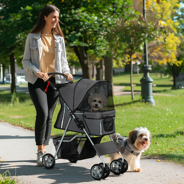 PawHut Carrinho de Passeio para Animais de Estimação Carrinho para Cães e Gatos Dobrável com Capô Ajustável Cesta de Armazenamento Suporte para Copos e Travão 75x45x97 cm Cinza