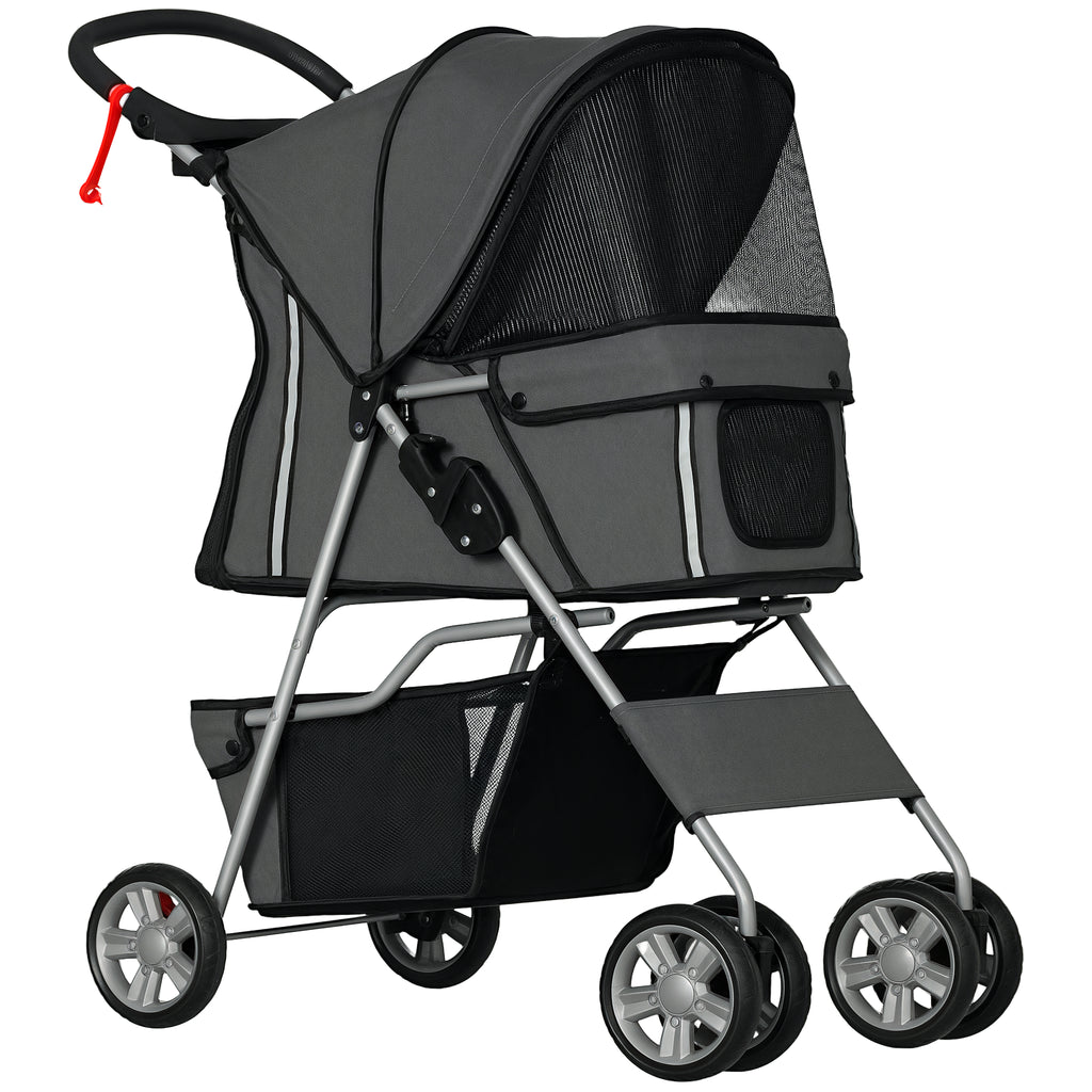 PawHut Carrinho de Passeio para Animais de Estimação Carrinho para Cães e Gatos Dobrável com Capô Ajustável Cesta de Armazenamento Suporte para Copos e Travão 75x45x97 cm Cinza