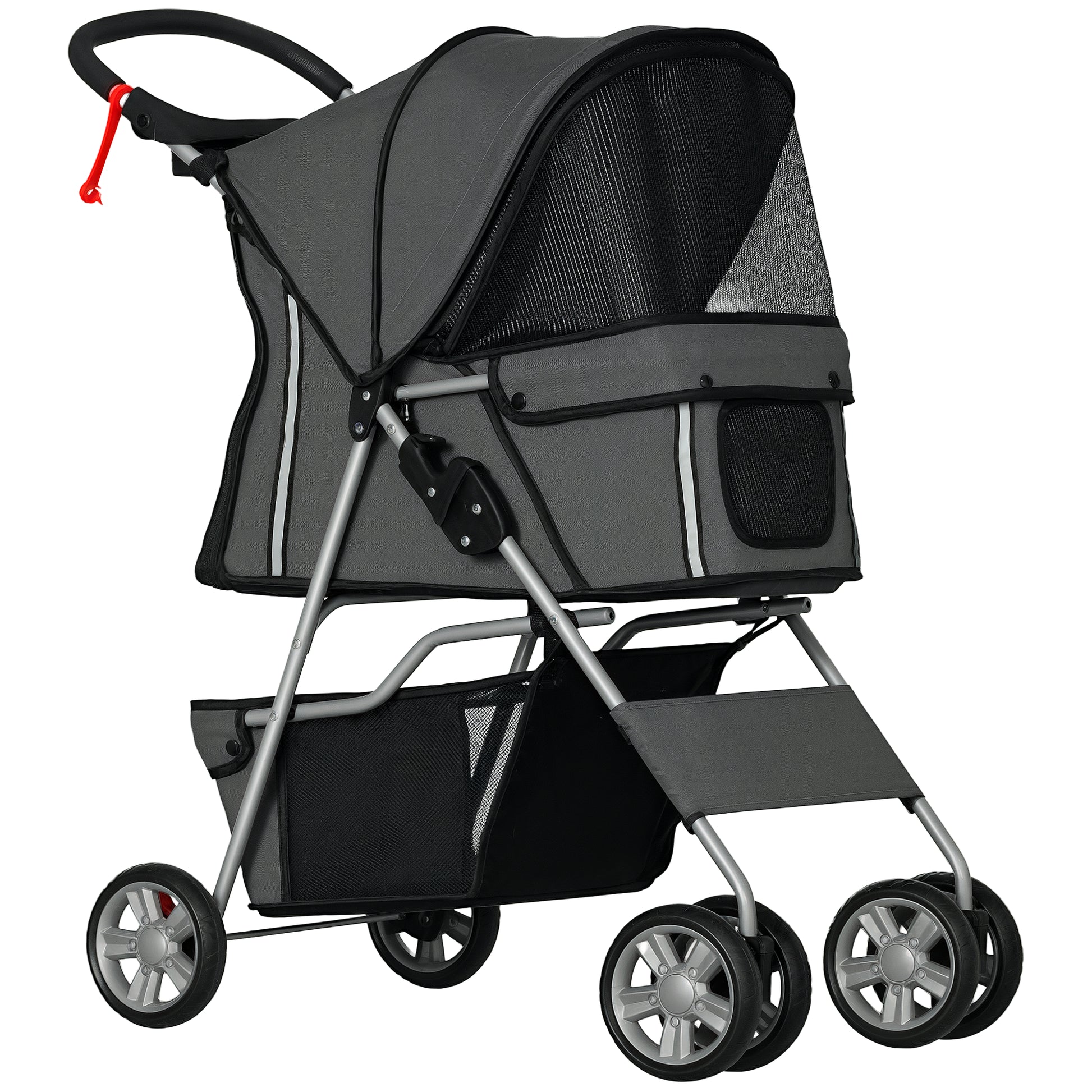 PawHut Carrinho de Passeio para Animais de Estimação Carrinho para Cães e Gatos Dobrável com Capô Ajustável Cesta de Armazenamento Suporte para Copos e Travão 75x45x97 cm Cinza