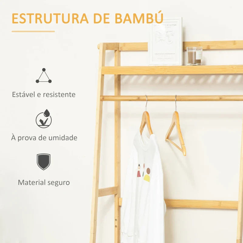 Suporte para Cabides de Bambu Cabideiro com Prateleira de 3 Níveis com Barra e Cabide Lateral para Roupas Bolsas 70x42x164cm Madeira