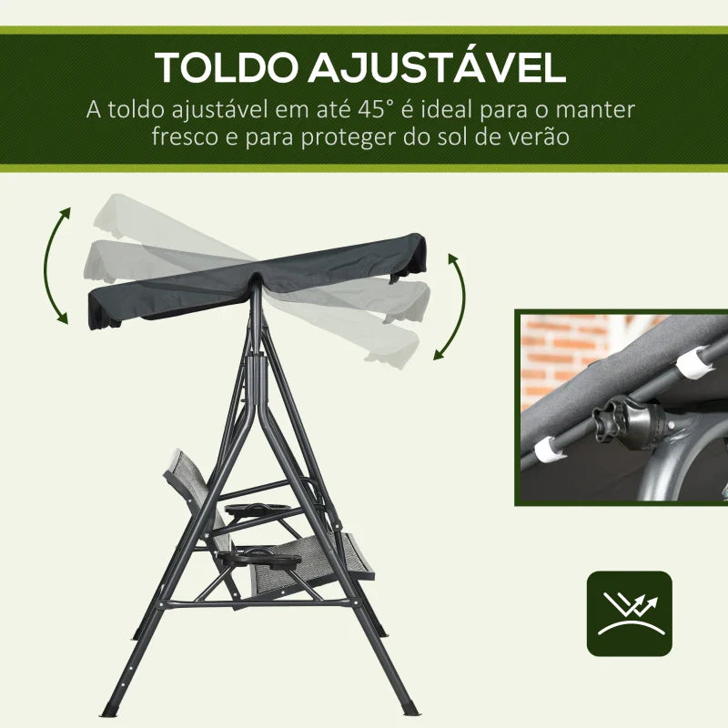 Baloiço de Jardim de 3 Lugares Baloiço para Exterior com Toldo Ajustável Assento de Vime 2 Suporte para Capos 2 Bandejas e Estrutura de Aço para Varanda Pátio 204x112x150 cm Cinza