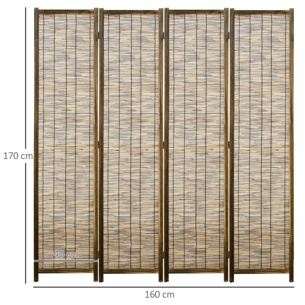 Biombo de 4 Painéis Separador de Ambientes Dobrável 160x1,8x170 cm Divisor de Ambientes de Madeira e Caniço Estilo Rústico para Escritório Dormitório Sala de Estar Madeira