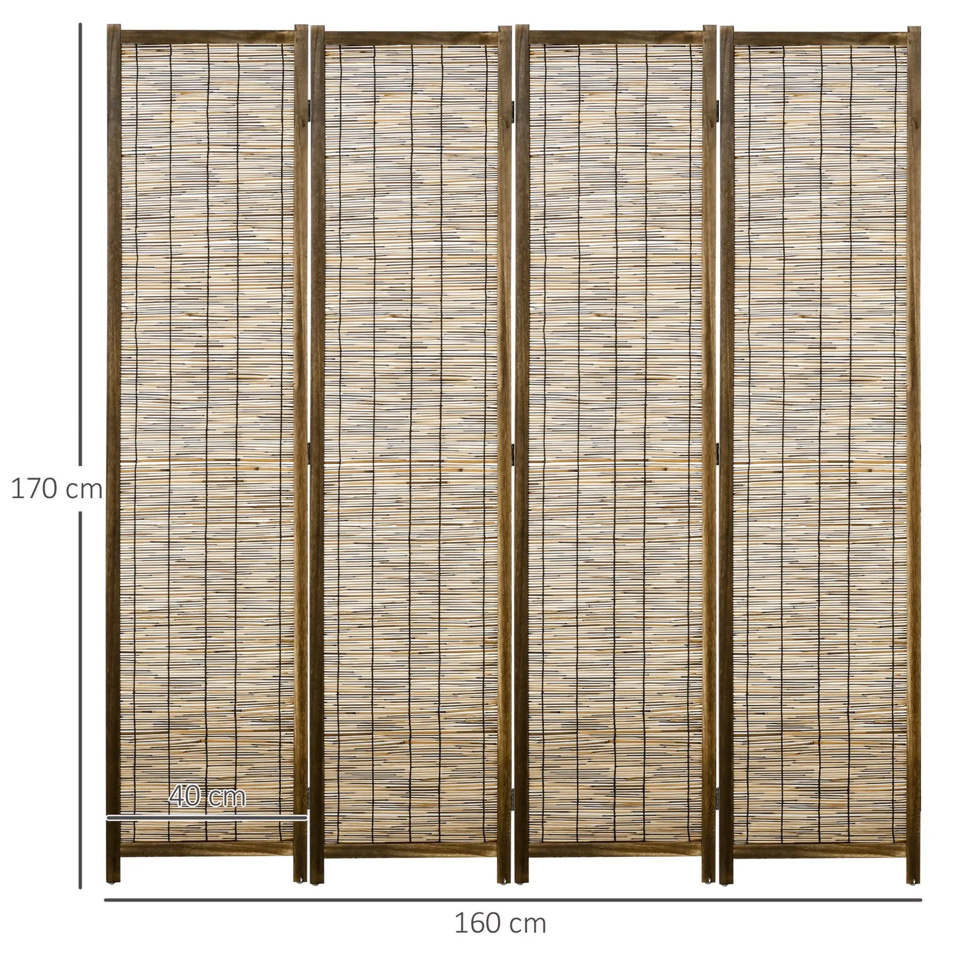 Biombo de 4 Painéis Separador de Ambientes Dobrável 160x1,8x170 cm Divisor de Ambientes de Madeira e Caniço Estilo Rústico para Escritório Dormitório Sala de Estar Madeira