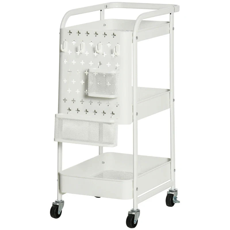 Carrinho de Cozinha com Rodas Carrinho de Armazenamento de 3 Níveis com 4 Ganchos 2 Cestas Alça de Transporte e Rodas com Freio para Casa de Banho Escritório Dormitório 51,5x32x75,6cm Branco