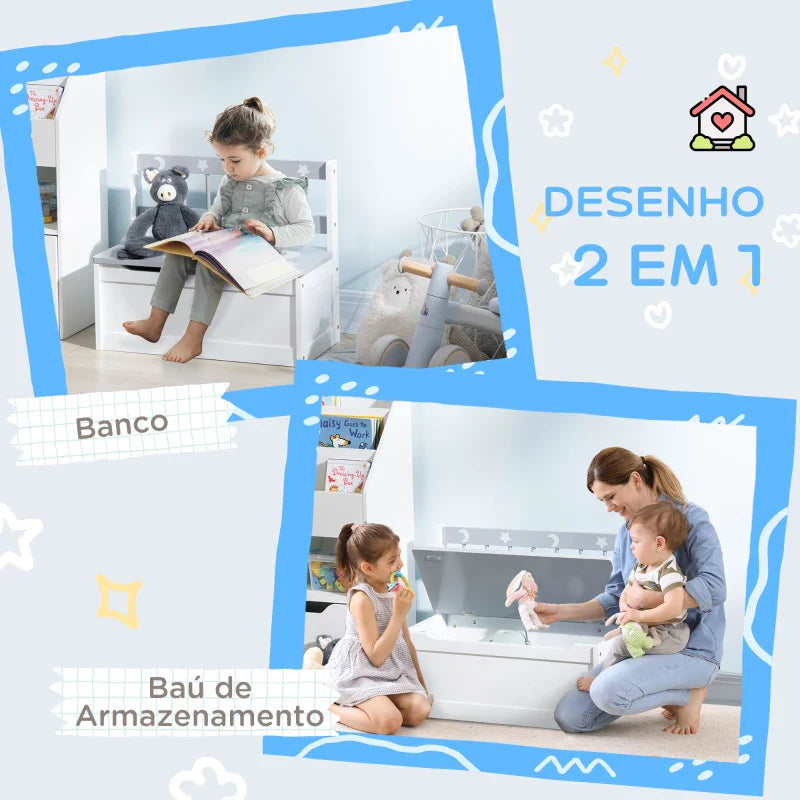 Baú Infantil 2 em 1 Organizador de Brinquedos para Crianças acima de 18 Meses Banco de Armazenamento Infantil com Tampa para Dormitório Sala de Jogos Carga 50kg 60x30x50cm Branco e Cinza