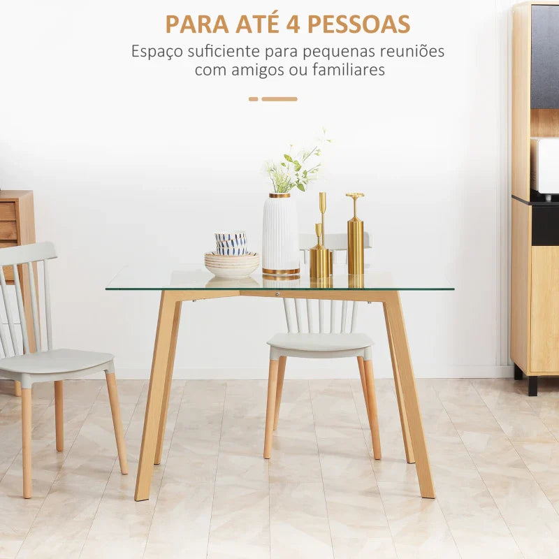 Mesa de Jantar para 4 Pessoas Mesa de Cozinha Moderna com Bancada de Vidro Temperado e Pés de Aço com Efeito de Madeira para Sala de Jantar 120x60x76cm Transparente e Madeira