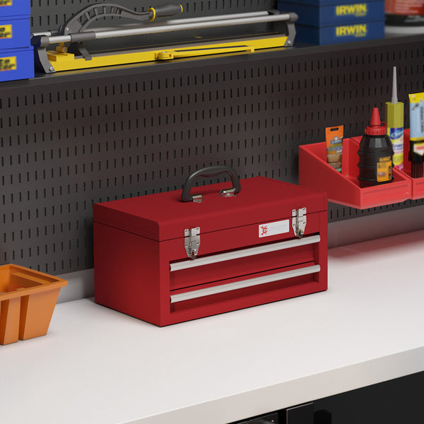 Caixa de Ferramentas de Aço com 2 Gavetas Tampa Abatível e Fechaduras Metálicas Mala de Ferramentas Portátil para Oficina Bricolage Casa 46x24x22 cm Vermelho