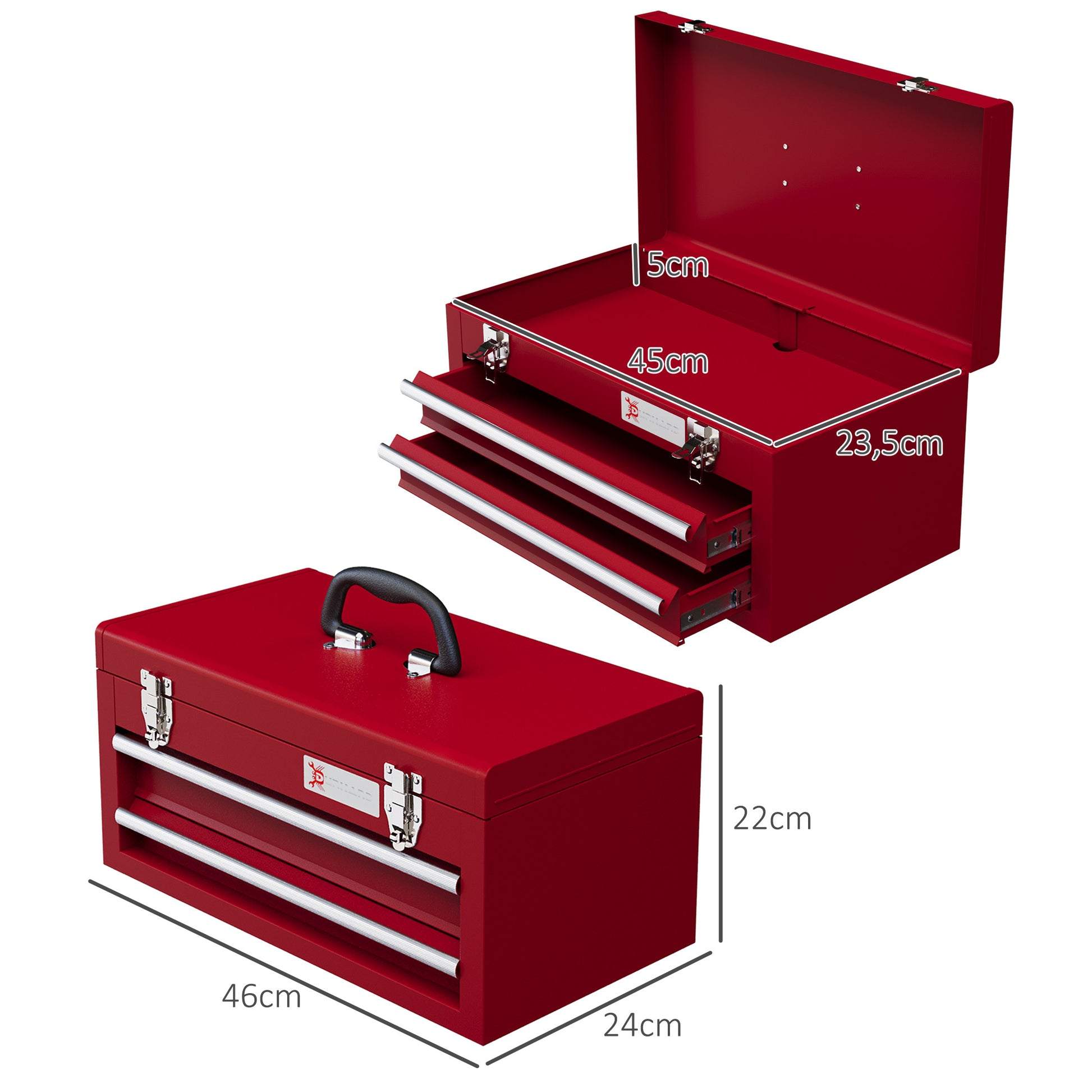 Caixa de Ferramentas de Aço com 2 Gavetas Tampa Abatível e Fechaduras Metálicas Mala de Ferramentas Portátil para Oficina Bricolage Casa 46x24x22 cm Vermelho