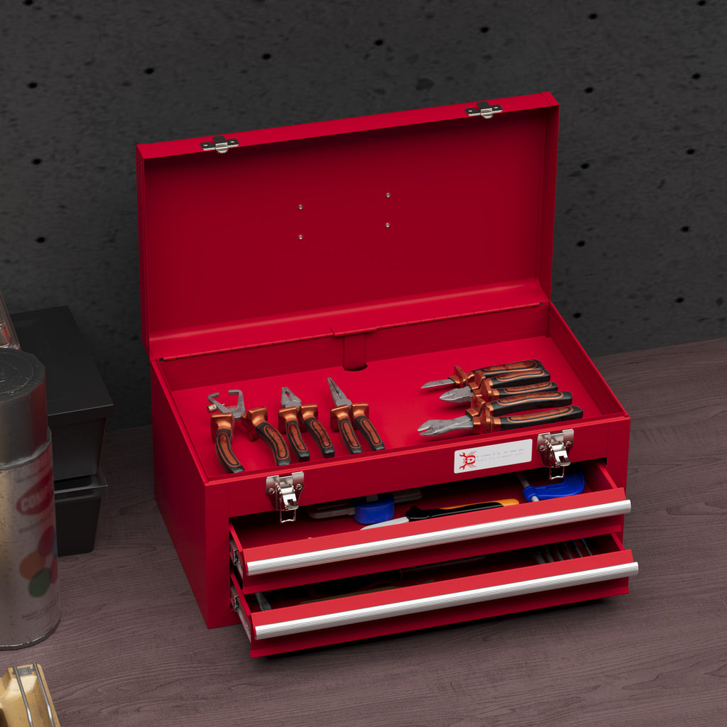 Caixa de Ferramentas de Aço com 2 Gavetas Tampa Abatível e Fechaduras Metálicas Mala de Ferramentas Portátil para Oficina Bricolage Casa 46x24x22 cm Vermelho