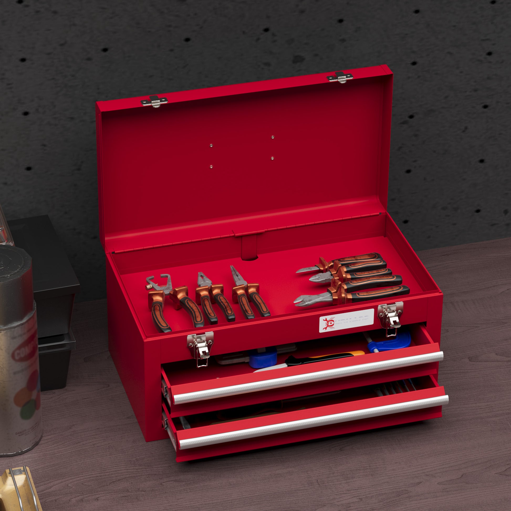 Caixa de Ferramentas de Aço com 2 Gavetas Tampa Abatível e Fechaduras Metálicas Mala de Ferramentas Portátil para Oficina Bricolage Casa 46x24x22 cm Vermelho