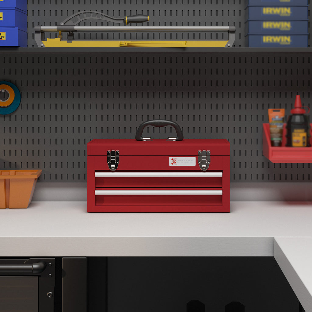 Caixa de Ferramentas de Aço com 2 Gavetas Tampa Abatível e Fechaduras Metálicas Mala de Ferramentas Portátil para Oficina Bricolage Casa 46x24x22 cm Vermelho