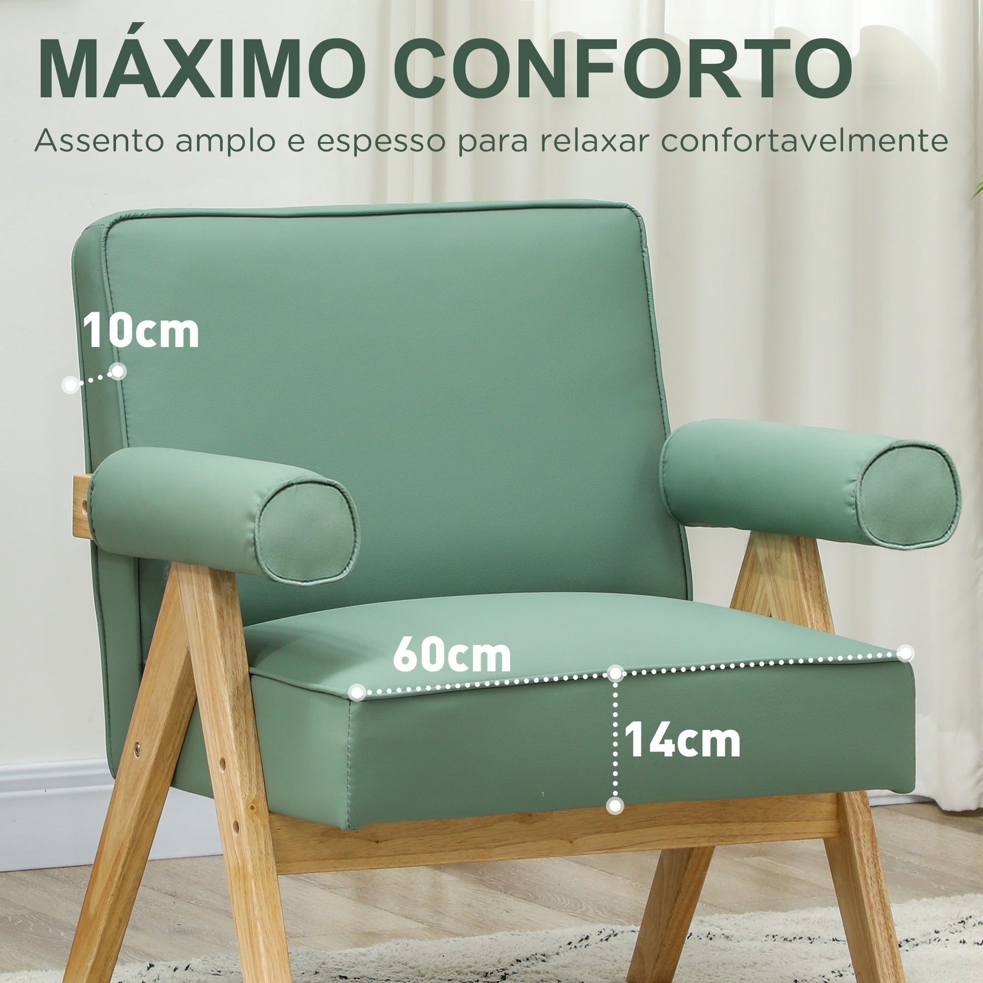 Poltrona Sala de Estar Poltrona Nórdica Poltrona Estofada em PU com Apoio para os Braços e Estrutura de Madeira de Borracha para Dormitório Carga 120 kg 73x70x80 cm Verde