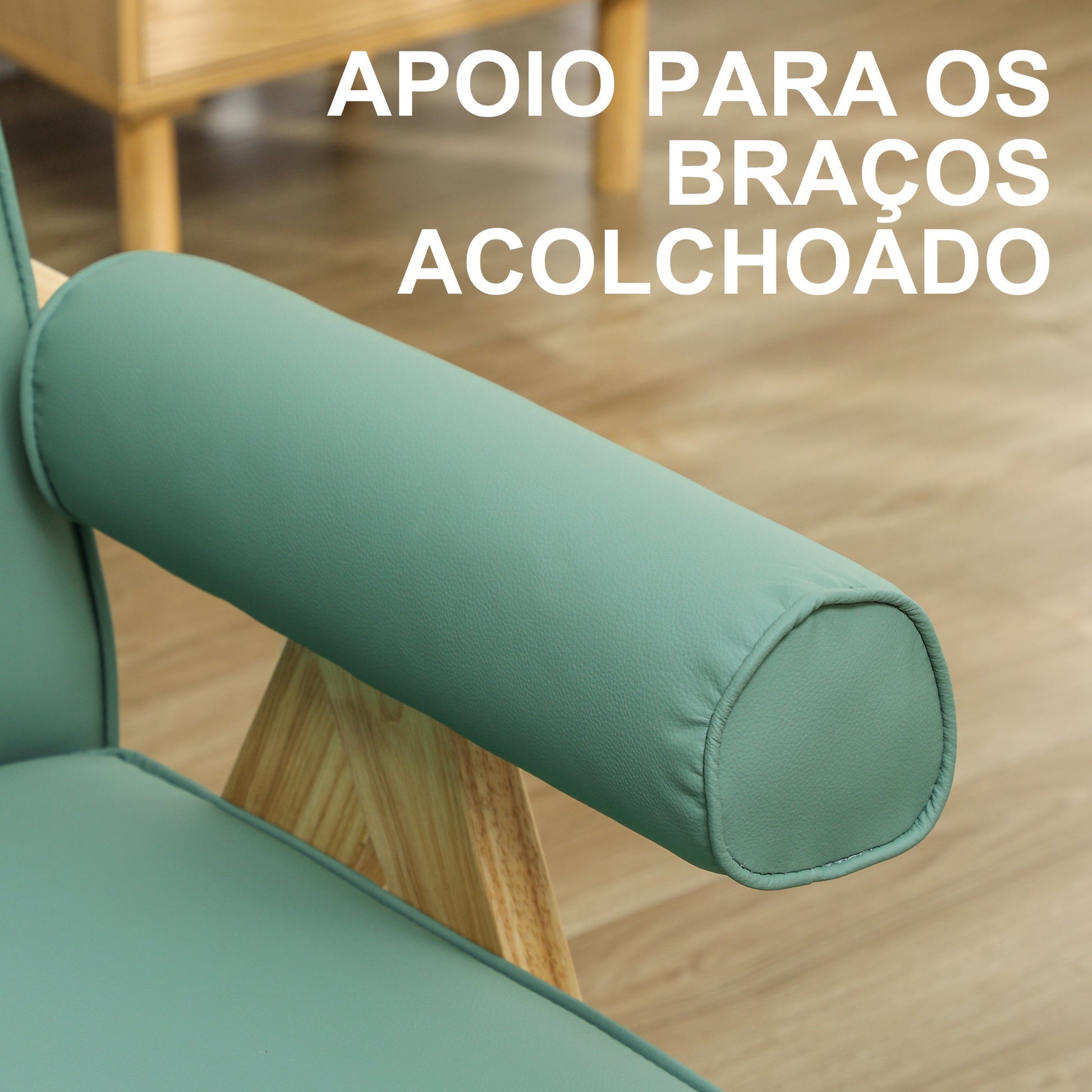 Poltrona Sala de Estar Poltrona Nórdica Poltrona Estofada em PU com Apoio para os Braços e Estrutura de Madeira de Borracha para Dormitório Carga 120 kg 73x70x80 cm Verde