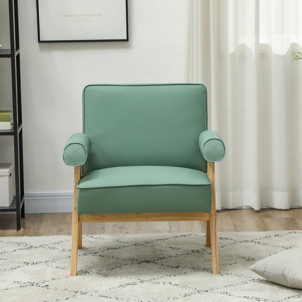 Poltrona Sala de Estar Poltrona Nórdica Poltrona Estofada em PU com Apoio para os Braços e Estrutura de Madeira de Borracha para Dormitório Carga 120 kg 73x70x80 cm Verde