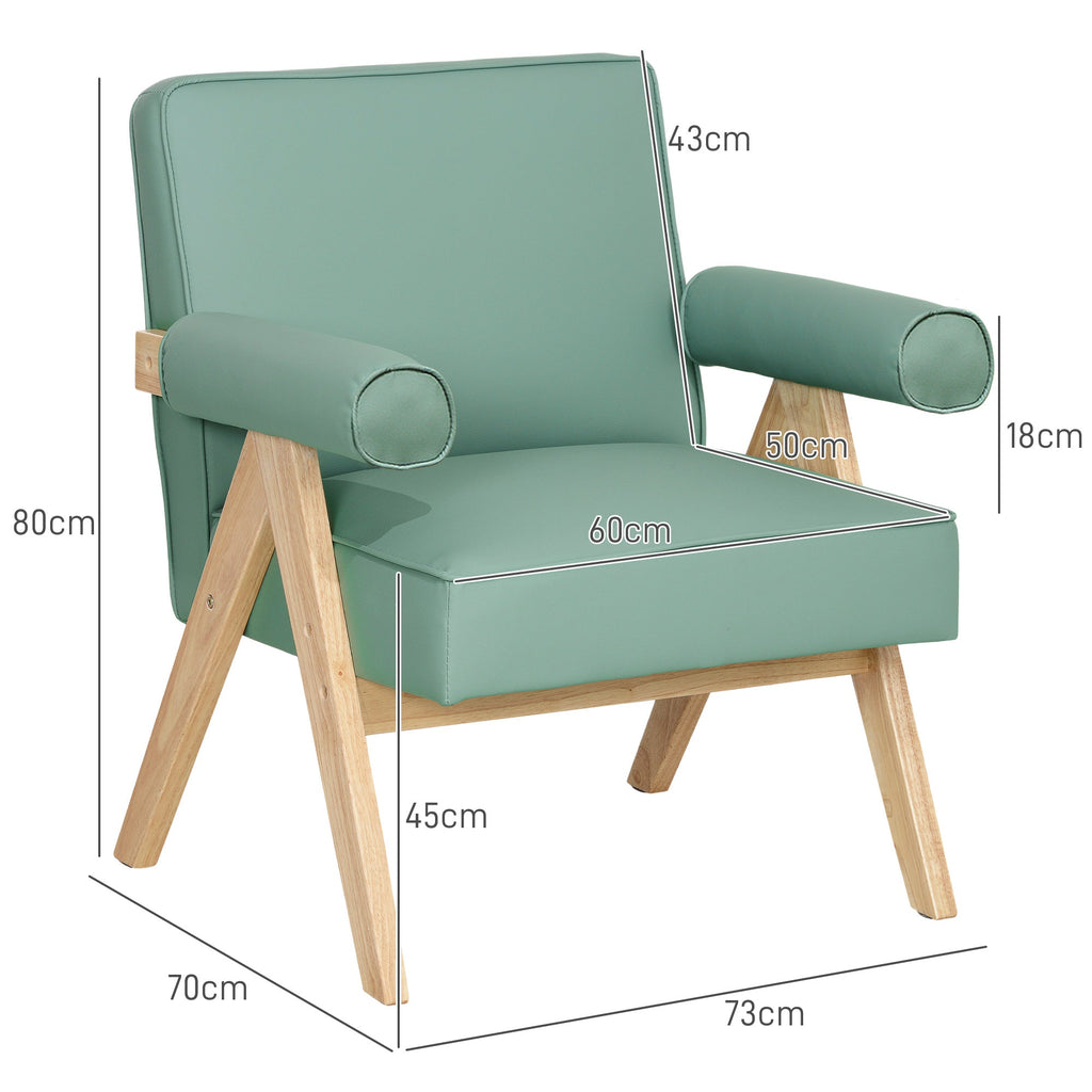 Poltrona Sala de Estar Poltrona Nórdica Poltrona Estofada em PU com Apoio para os Braços e Estrutura de Madeira de Borracha para Dormitório Carga 120 kg 73x70x80 cm Verde