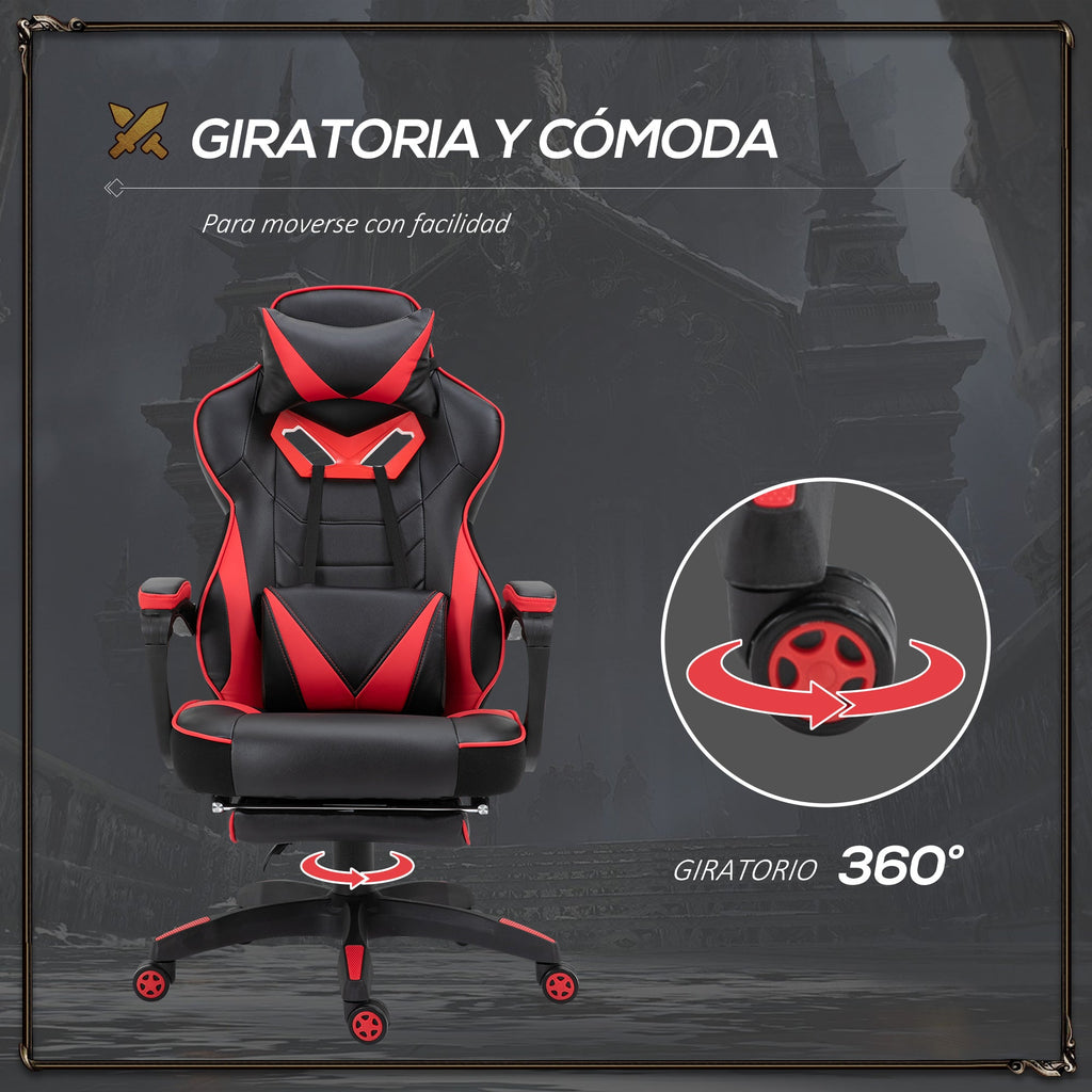 Cadeira de escritorio gaming ergonômica Altura ajustável Reclinável Encosto com apoio para pés Encosto de cabeça Almofada lombar Rodas 65x70x118,5-126,5 cm Vermelho e Preto