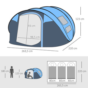 Tenda de Campismo Pop-up para 2-3 Pessoas Tenda de Campismo Instantânea com Janelas Bolsos e Bolsa de Transporte Impermeável Anti-UV 263,5x220x123 cm Azul