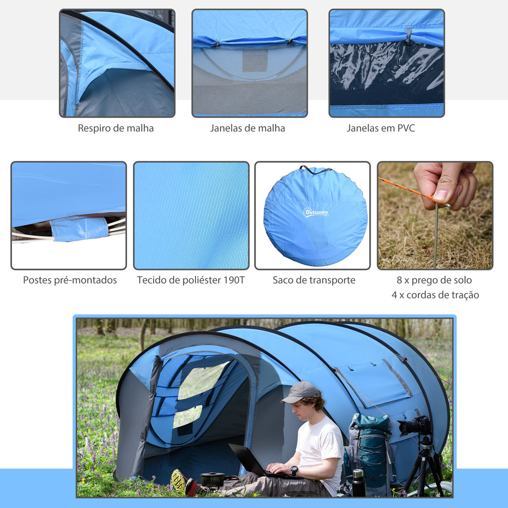 Tenda de Campismo Pop-up para 2-3 Pessoas Tenda de Campismo Instantânea com Janelas Bolsos e Bolsa de Transporte Impermeável Anti-UV 263,5x220x123 cm Azul
