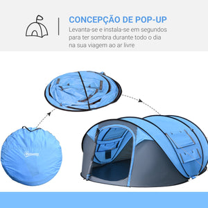 Tenda de Campismo Pop-up para 2-3 Pessoas Tenda de Campismo Instantânea com Janelas Bolsos e Bolsa de Transporte Impermeável Anti-UV 263,5x220x123 cm Azul