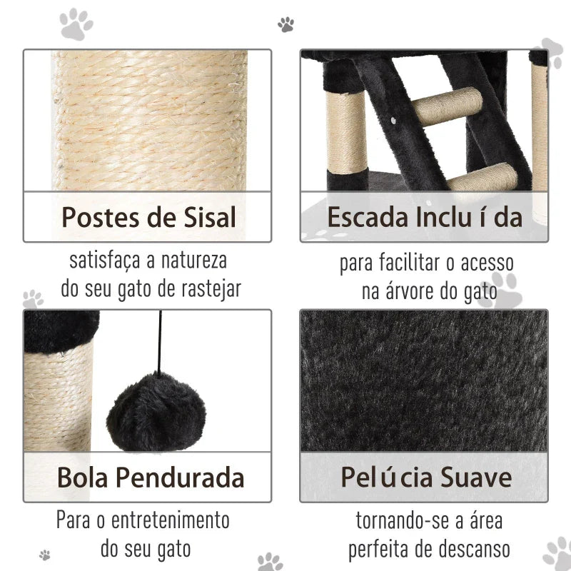PawHut Árvore arranhador para Gatos com Altura Ajustável Plataformas Múltiplas Caverna Cestas e Escadas em Sisal Natural e Pelúcia 60x45x240-260 cm Cinza Escuro