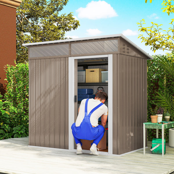 Abrigo de Jardim 1,9m² 195x122x182 cm Abrigo de Exterior com Base Reforçada (Chão NÃO Incluído) Porta Corredera Janelas Abrigo de Ferramentas para Pátio Marrom Claro