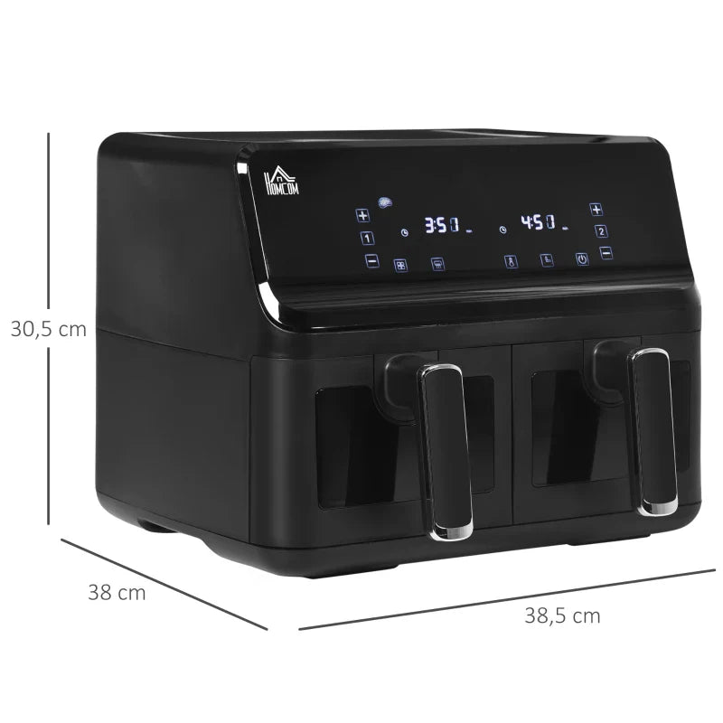 Fritadeira sem Óleo Dupla 8L Fritadeira de Ar Quente 2500W com 8 Programas Ecrã LED Tátil Temperatura Ajustável 80-200°C Temporizador e Cesta Antiaderente 38,5x38x30,5 cm Preto