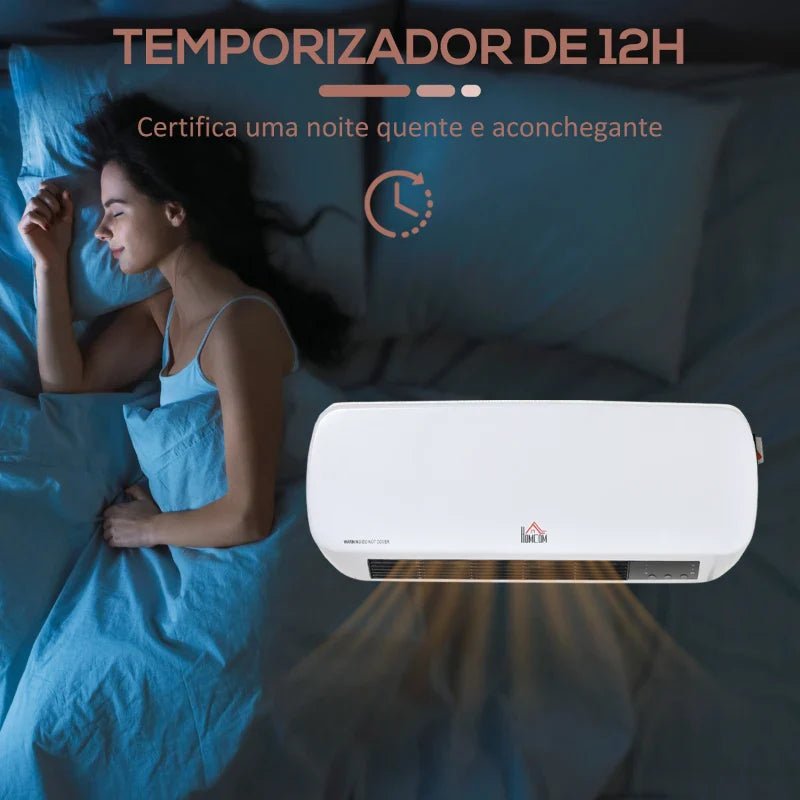 Aquecedor Cerâmico de Parede 1000W/2000W com Controle Remoto 3 Modos de Aquecimento Temporizador de 12h Termostato e Proteção contra Superaquecimento 45x18,6x11,5cm Branco