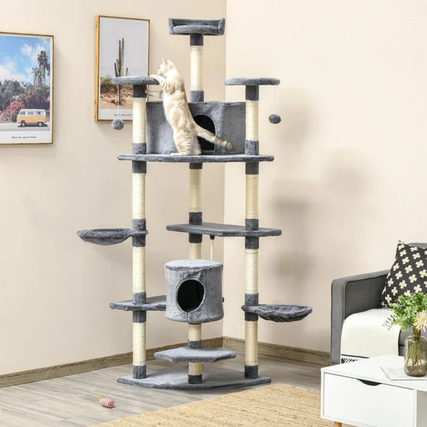 PawHut Árvore Arranhador para Gatos Grande 60x60x200cm com 2 Cavernas 2 Redes Cama Múltiplas Plataformas Postes Arranhadores de Sisal Natural e Bolas de Brinquedo Cinza