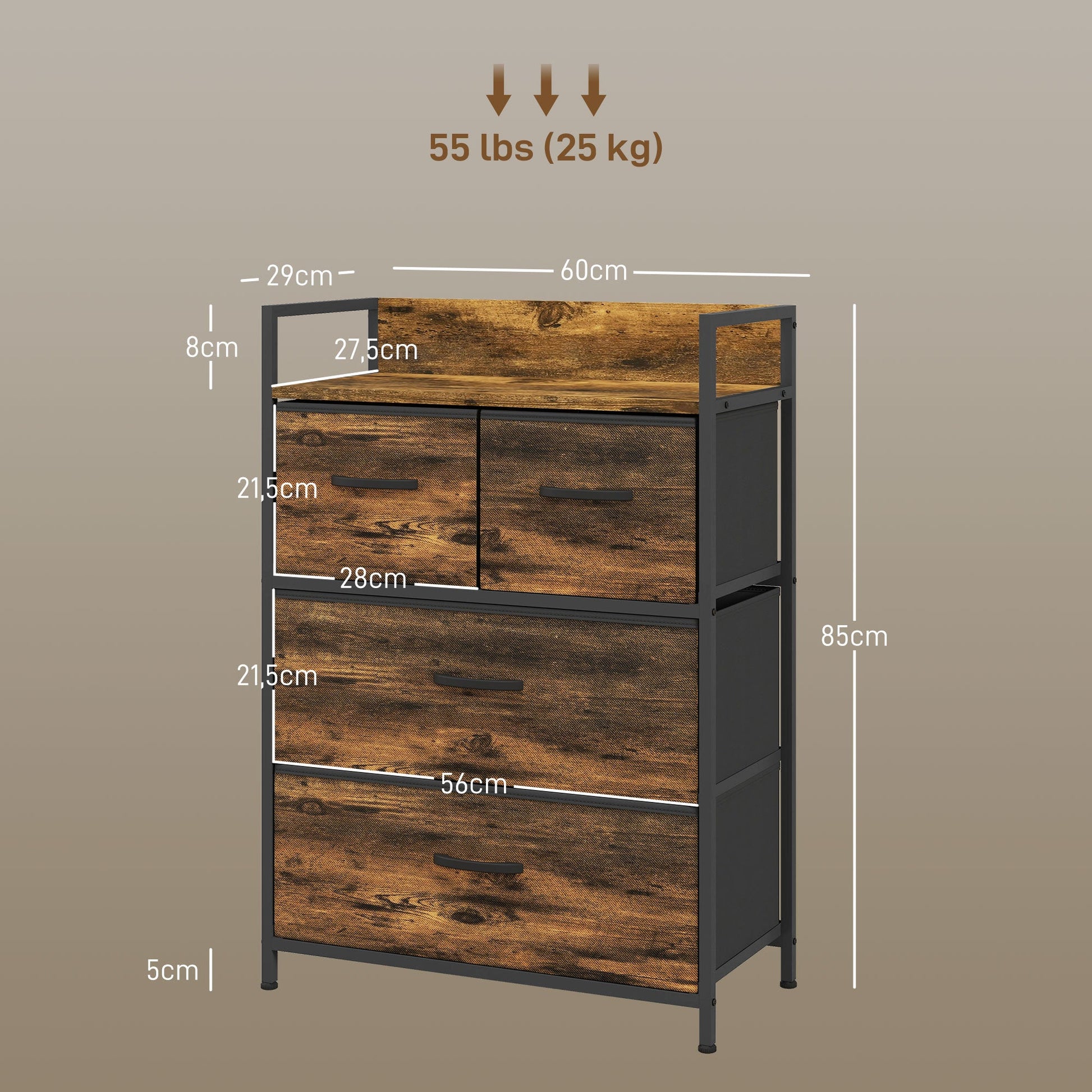 Cómoda de Quarto Armário de Armazenamento com 4 Gavetas Dobráveis Prateleira Aberta e Estrutura de Aço para Sala Entrada 60x29x85 cm Castanho Rústico