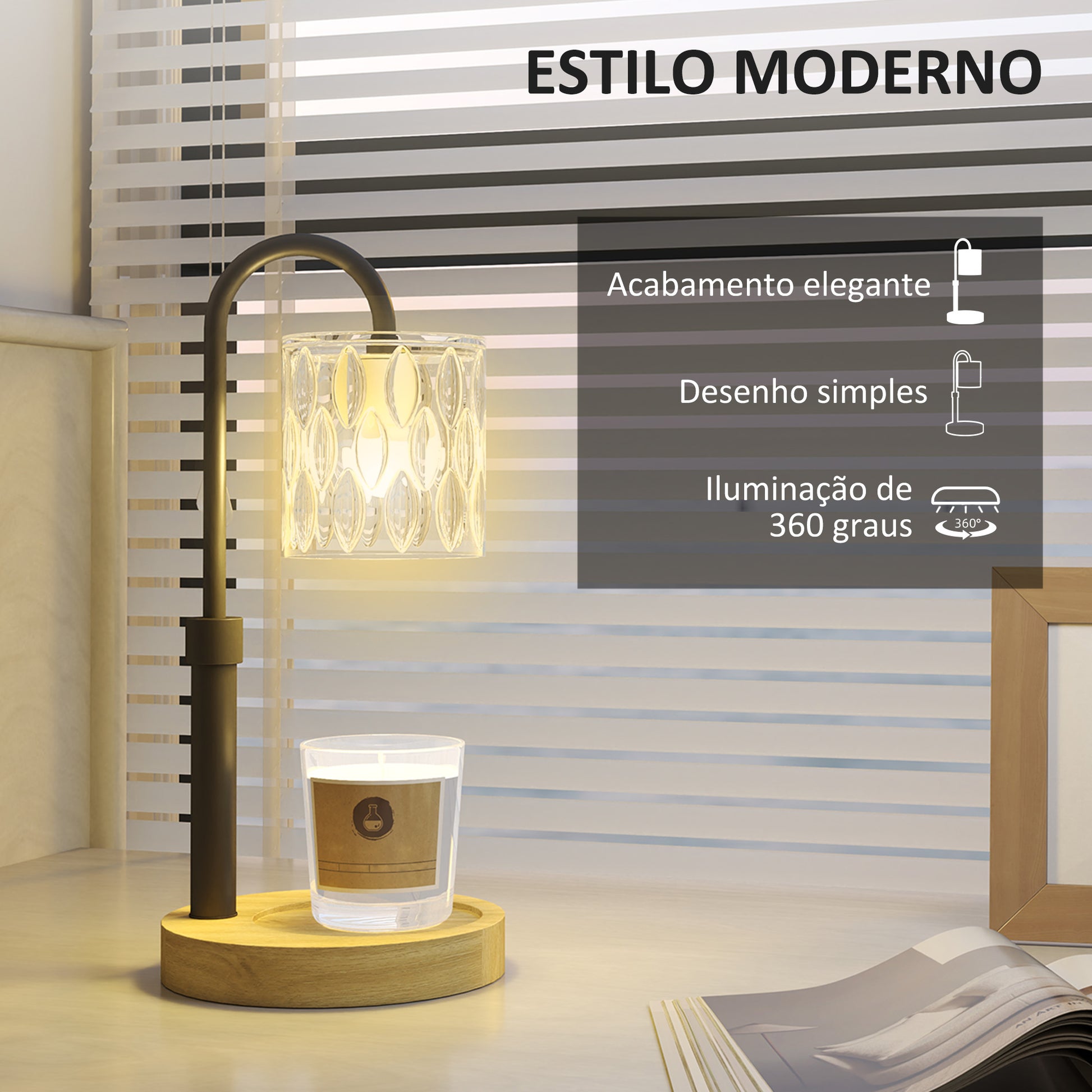 Candeeiro de Mesa Candeeiro Aquecedor de Vela com Base de Madeira Ecrã de Vidro Candeeiro de Mesa para Dormitório Sala de Estar Escritório Ø15x32,5 cm Multicor