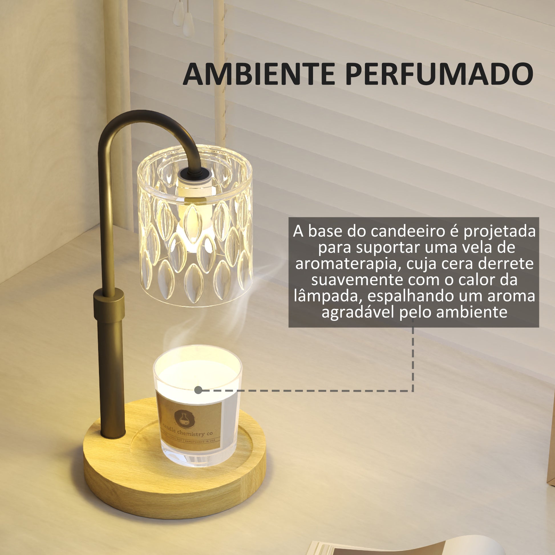 Candeeiro de Mesa Candeeiro Aquecedor de Vela com Base de Madeira Ecrã de Vidro Candeeiro de Mesa para Dormitório Sala de Estar Escritório Ø15x32,5 cm Multicor