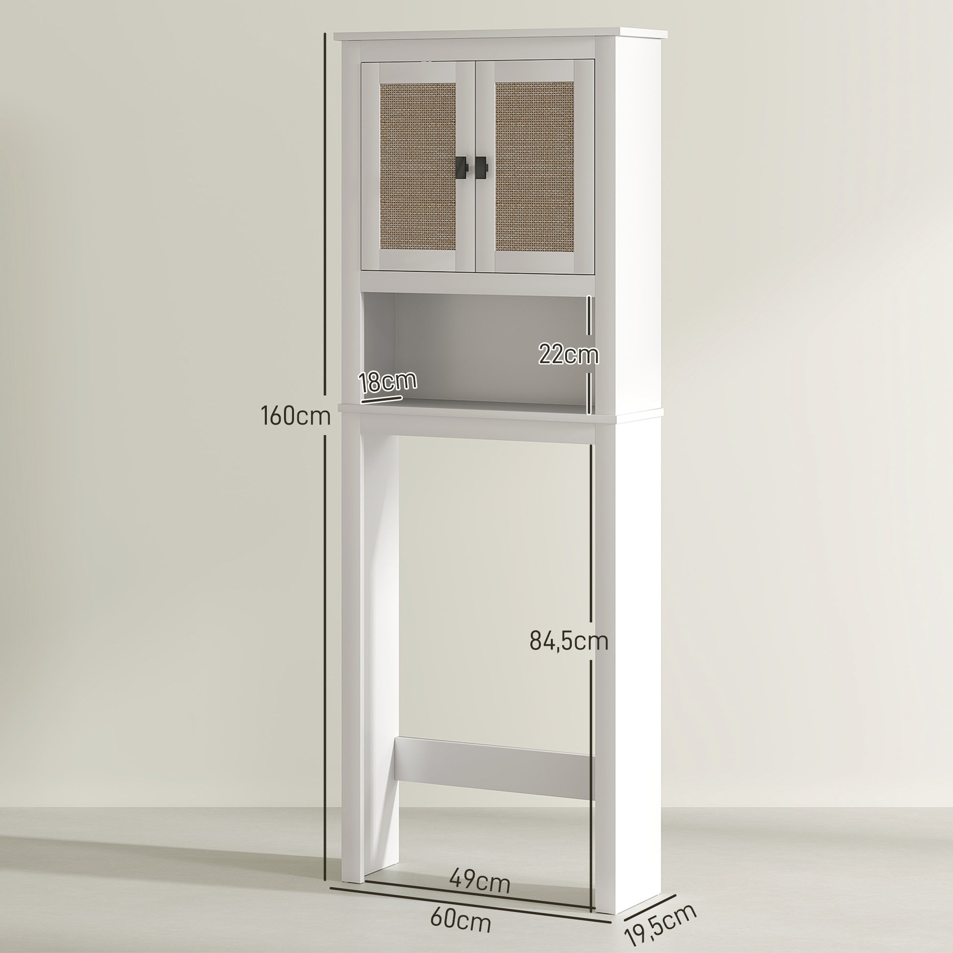 Móvel sobre Sanita Armário sobre Sanita com 2 Portas com Frente em Vime Compartimento e Prateleira Ajustável Móvel Casa de Banho 60x19,5x160 cm Branco