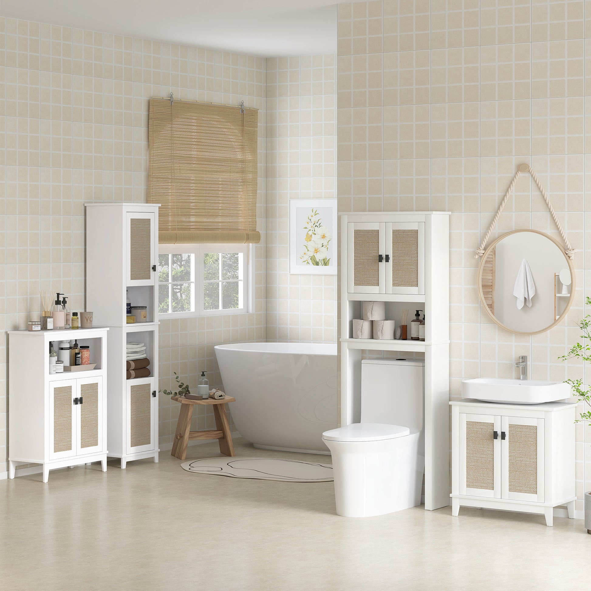 Móvel sobre Sanita Armário sobre Sanita com 2 Portas com Frente em Vime Compartimento e Prateleira Ajustável Móvel Casa de Banho 60x19,5x160 cm Branco
