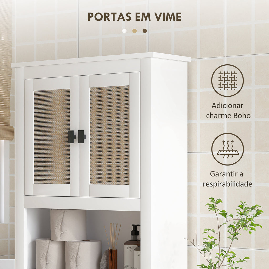 Móvel sobre Sanita Armário sobre Sanita com 2 Portas com Frente em Vime Compartimento e Prateleira Ajustável Móvel Casa de Banho 60x19,5x160 cm Branco