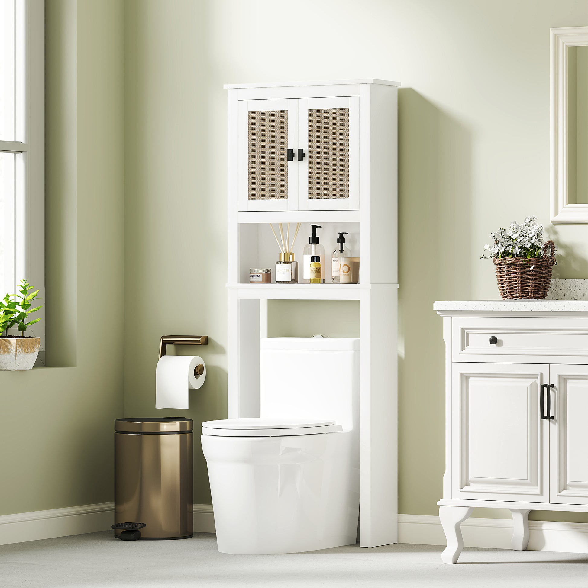 Móvel sobre Sanita Armário sobre Sanita com 2 Portas com Frente em Vime Compartimento e Prateleira Ajustável Móvel Casa de Banho 60x19,5x160 cm Branco