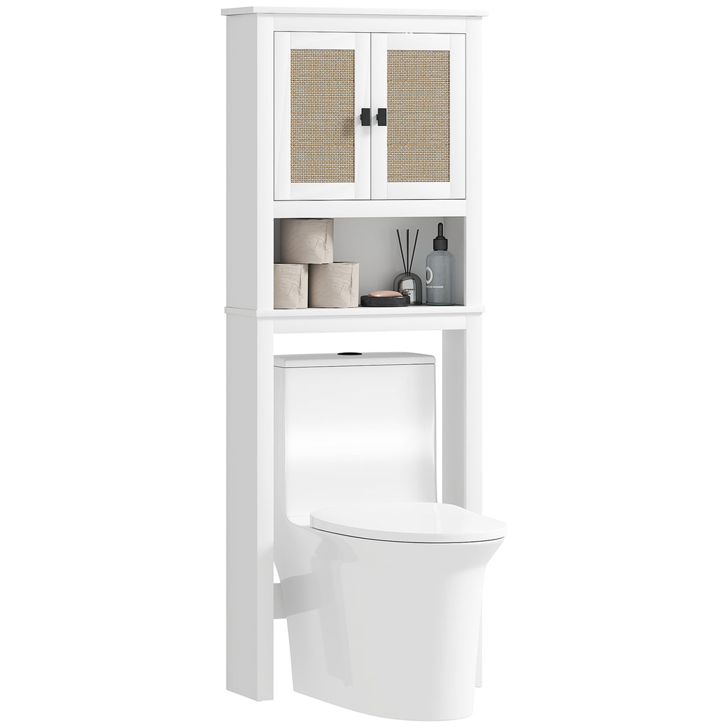 Móvel sobre Sanita Armário sobre Sanita com 2 Portas com Frente em Vime Compartimento e Prateleira Ajustável Móvel Casa de Banho 60x19,5x160 cm Branco