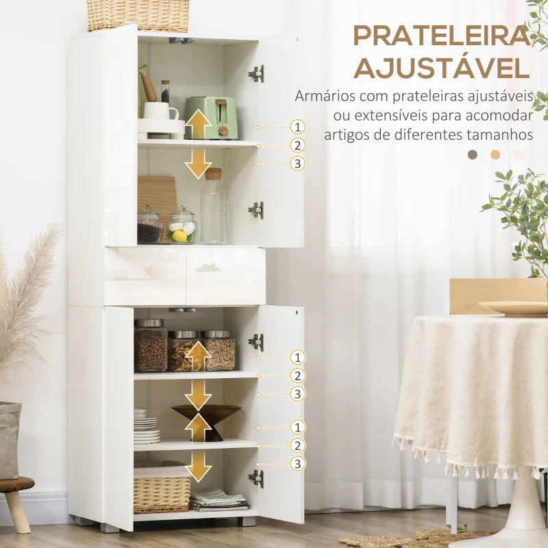 Armário de Cozinha Móvel Auxiliar de Cozinha com 4 Portas 2 Gavetas e Prateleiras Ajustáveis para Sala de Jantar Sala de Estar Estilo Moderno Anti-Tombo 60x35x170cm Branco