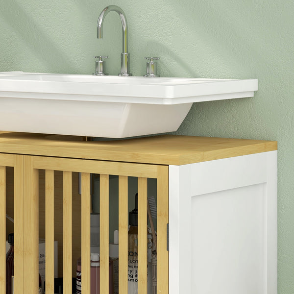 Móvel para Lavatório Pousar Armário de Bambu para Casa de Banho com Porta Dupla e Prateleira Ajustável Carga 30 kg 60x30x70 cm Natural e Branco
