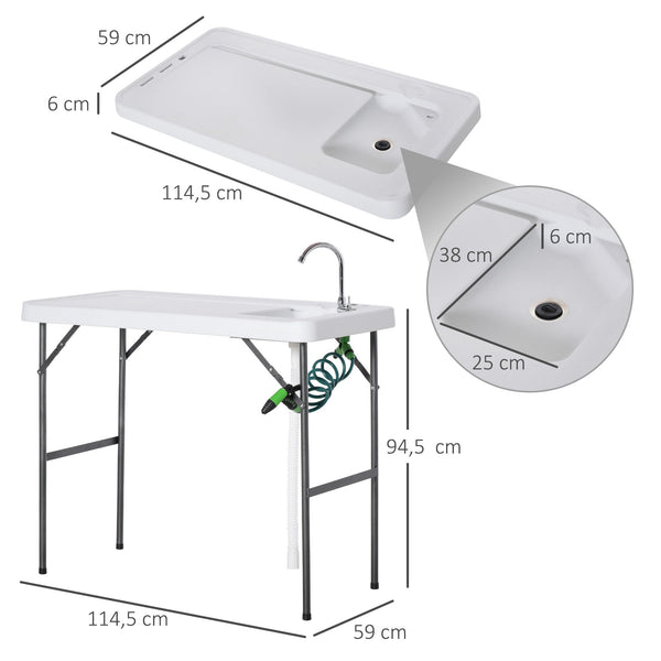 Mesa de piquenique dobrável com torneira de pia e pistola de irrigação extensível 114,5x59x94,5 cm Branco