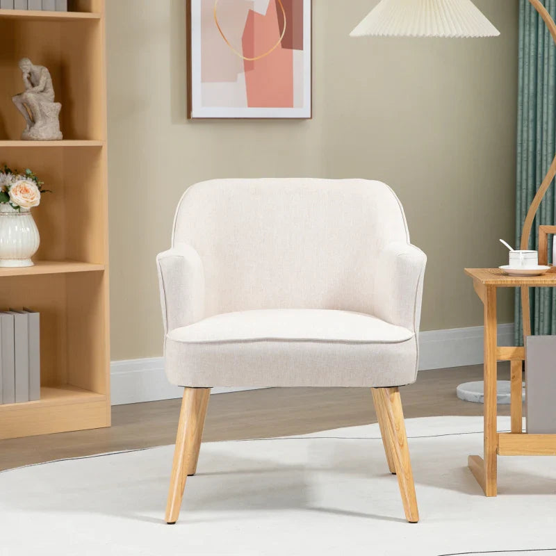 Poltrona Estilo Nórdico Poltrona para Sala de Estar Estofada em Linho com Pés de Madeira para Dormitório Escritório Estúdio Carga 120 kg 64,5x65x79,5 cm Creme