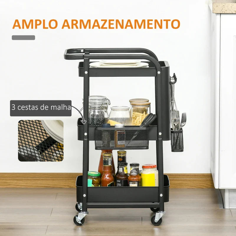 Carrinho de Cozinha com Rodas Carrinho de Armazenamento de 3 Níveis com 4 Ganchos 2 Cestas Alça de Transporte e Rodas com Freio para Casa de Banho Escritório Dormitório 51,5x32x75,6cm Preto