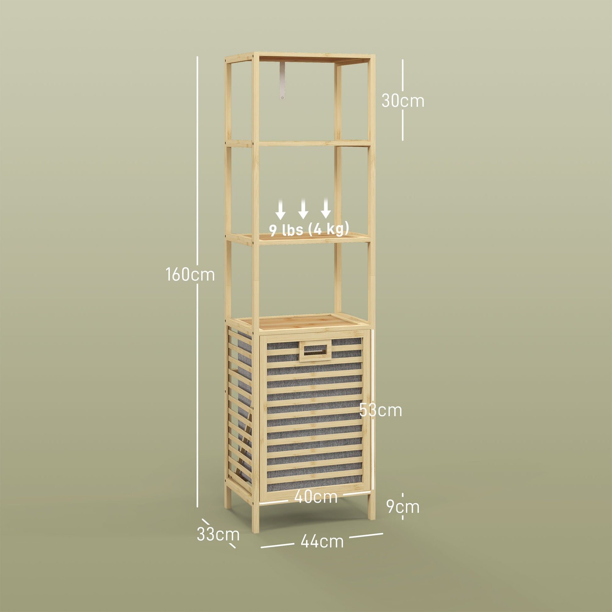 Estante de Casa de Banho em Bambu Estante de Armazenamento de Casa de Banho com 3 Prateleiras e 1 Cesto para Roupa Suja Removível 44x33x160 cm Natural