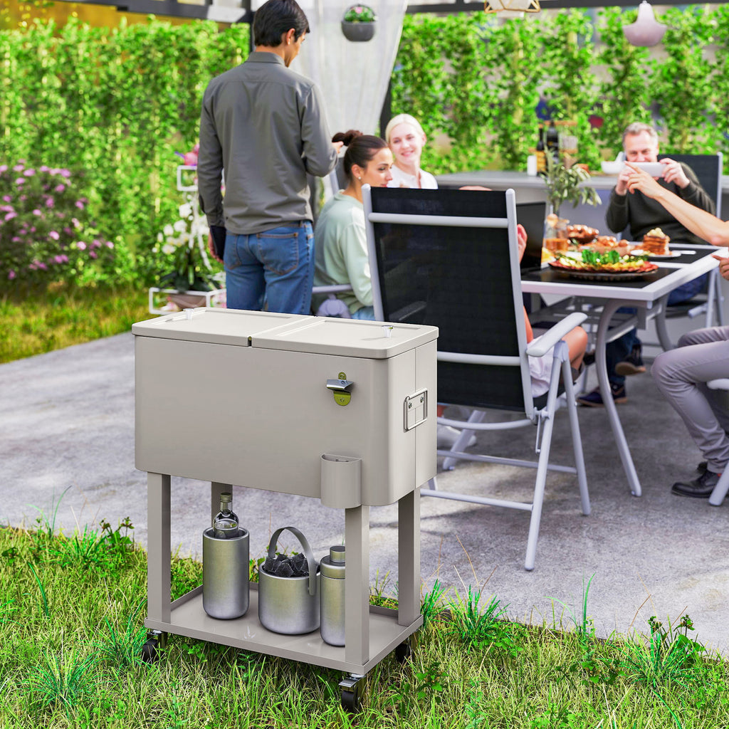 Carrinho Refrigerador de Bebidas de 56L Carrinho Refrigerador com Rodas Abridor de Garrafas e Prateleira para Pátio Festas Terraço Praia 67x35x80 cm Cinzento Claro