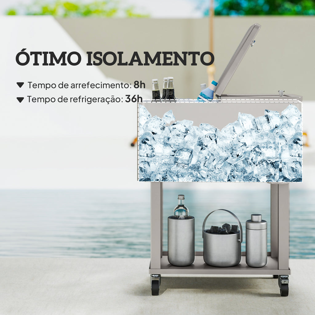Carrinho Refrigerador de Bebidas de 56L Carrinho Refrigerador com Rodas Abridor de Garrafas e Prateleira para Pátio Festas Terraço Praia 67x35x80 cm Cinzento Claro