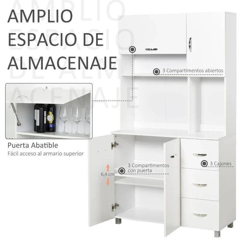 Armário de Cozinha Armário Alto com 3 Gavetas 4 Portas Prateleiras Interiores Ajustáveis e Pés Elevados Móvel Auxiliar para Sala de Jantar Sala de Estar 100x39,5x183,5cm Branco