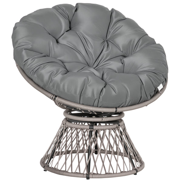 Poltrona Papasan Giratória de Vime Sintético Poltrona de Vime PE com Almofada e Estrutura de Aço Carga 160 kg para Jardim Terraço Pátio 87x97x90 cm Cinza